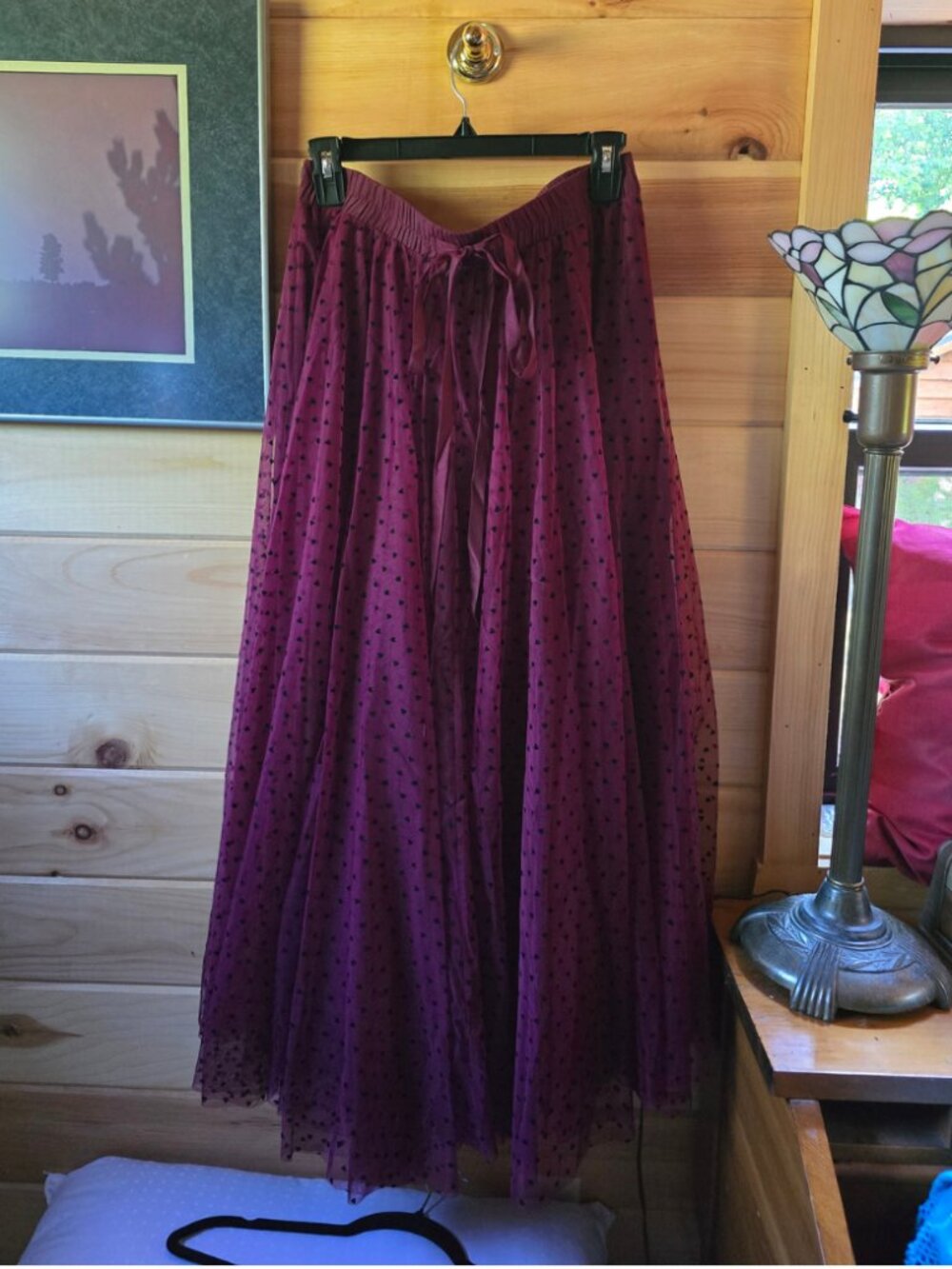 NWT Yumi Clothing Burgundy Flocked Heart Tulle Midi Skirt